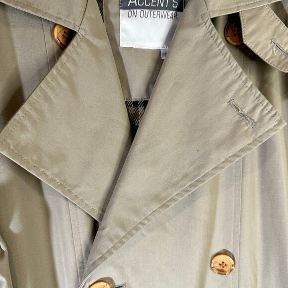 VTG Accents On Outerwear Mens Tan Double Breasted Trench Coat Removable Liner 38 - Picture 11 of 16